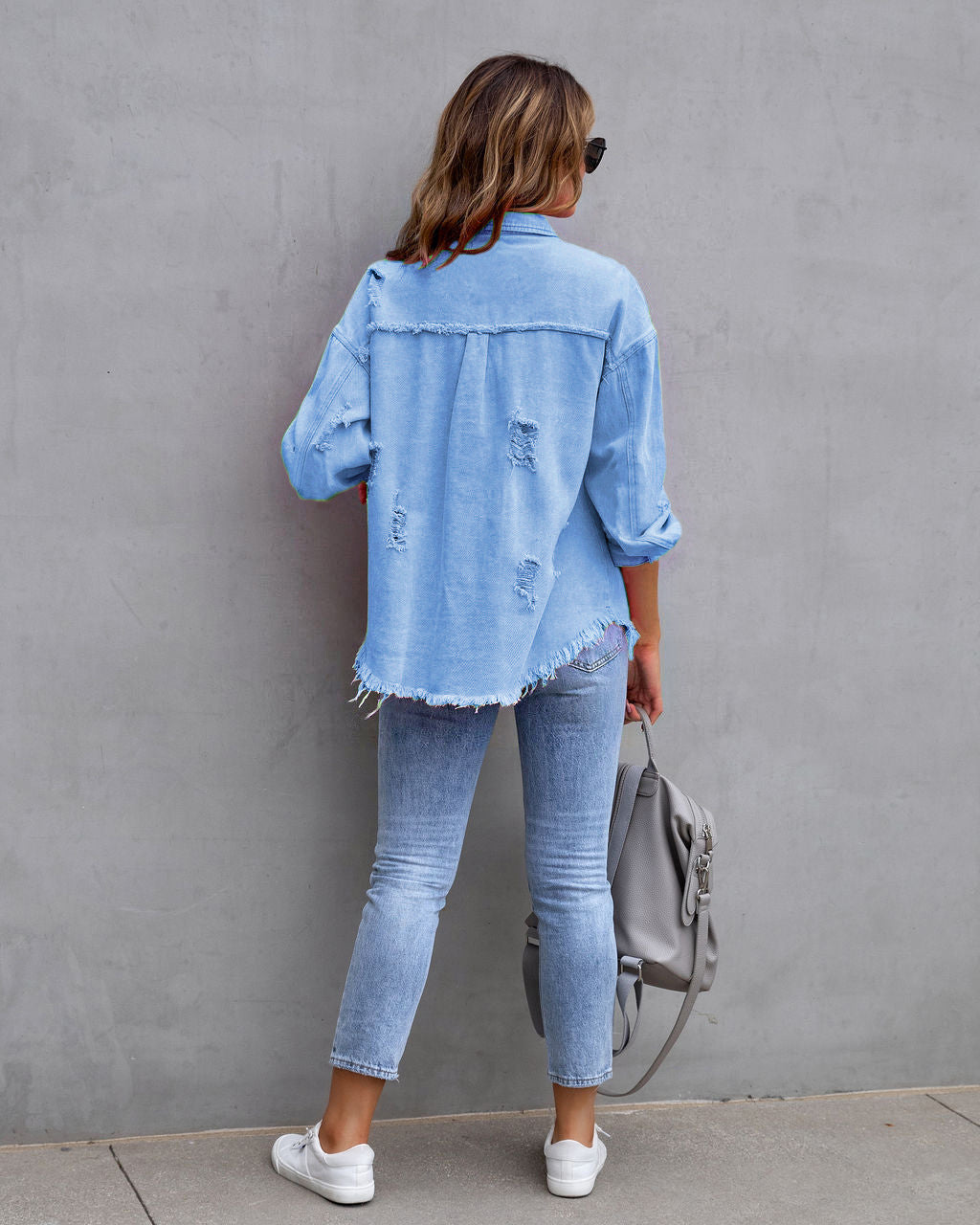 Oversize Relaxed Fit Denim Shacket | Versatile Frayed Button-Down Shirt Jacket | Casual Everyday Outerwear
