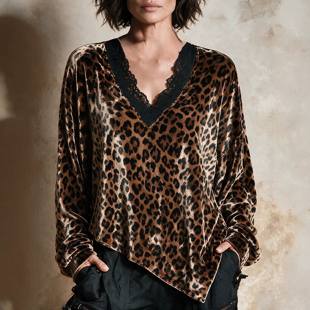 2026 Early Black Friday Sale | Women's Leopard Print Velvet Top with Lace V-Neck Trim, Effortless Chic Leopard Velvet Blouse