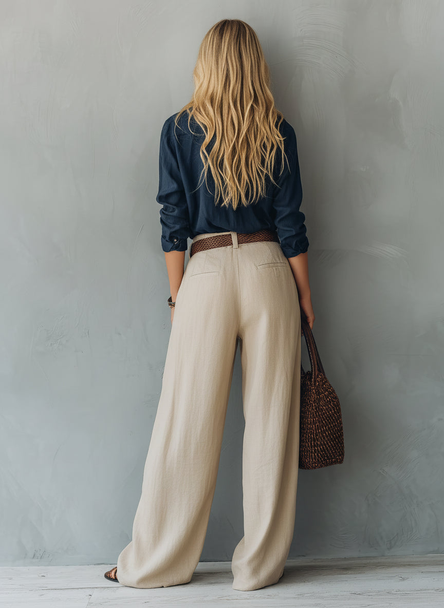 Women's Blouse & Wide-Leg Pants Set – Loose Fit Two-Tone 2-Piece