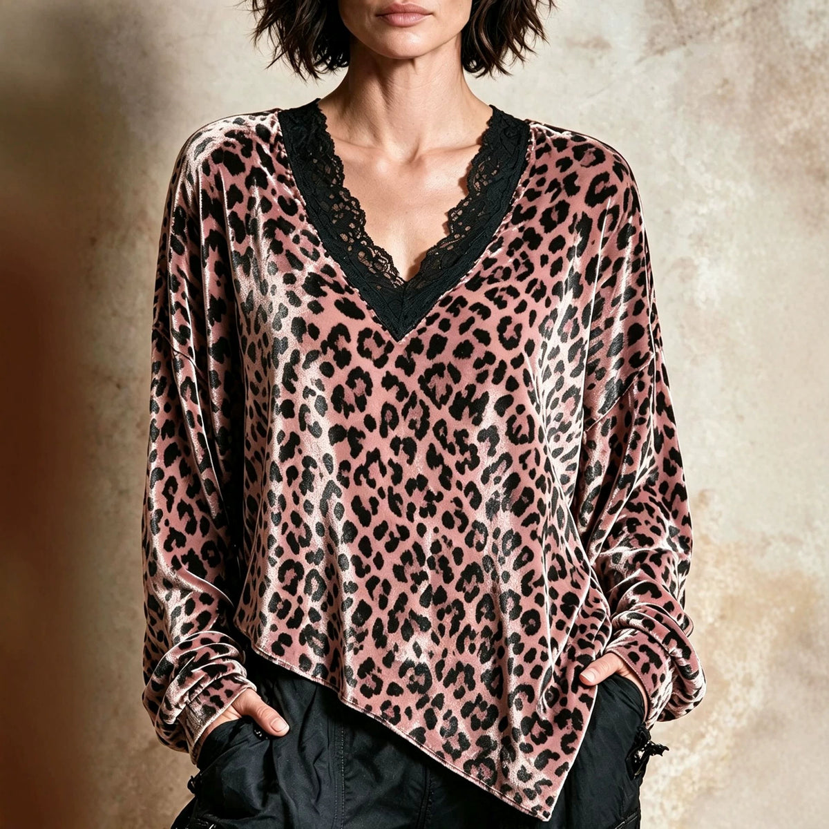 2026 Early Black Friday Sale | Women's Leopard Print Velvet Top with Lace V-Neck Trim, Effortless Chic Leopard Velvet Blouse