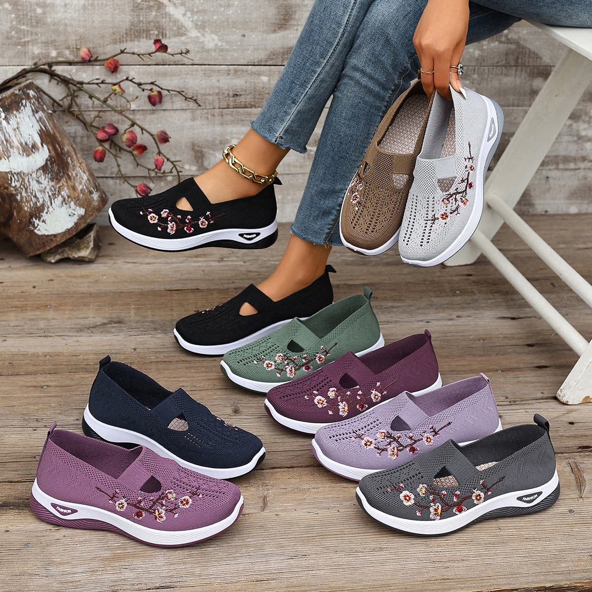Women's Orthopedic Walking Shoes Woven Breathable Orthotic Slip on Sneakers Floral Embroidery Arch Support Casual Loafers