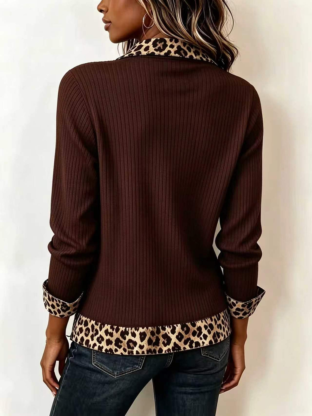 2026 Early Black Friday | Vintage Leopard Collared Ribbed Top, Soft Stretch Long Sleeve Blouse