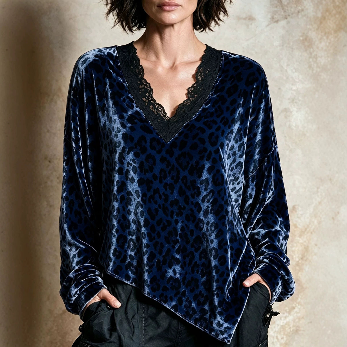 2026 Early Black Friday Sale | Women's Leopard Print Velvet Top with Lace V-Neck Trim, Effortless Chic Leopard Velvet Blouse