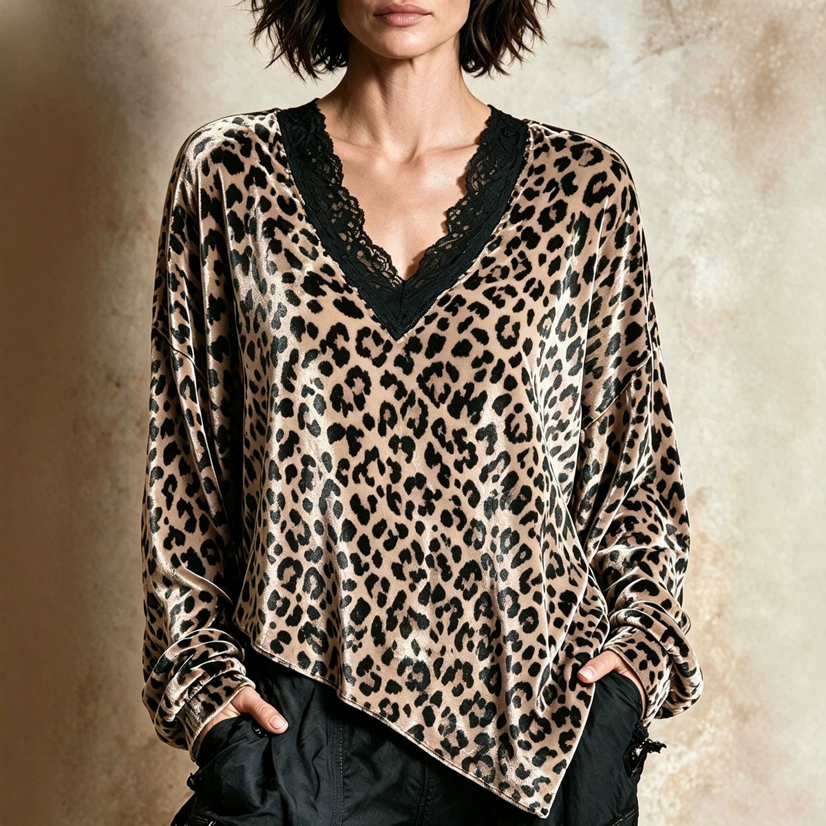 2026 Early Black Friday Sale | Women's Leopard Print Velvet Top with Lace V-Neck Trim, Effortless Chic Leopard Velvet Blouse