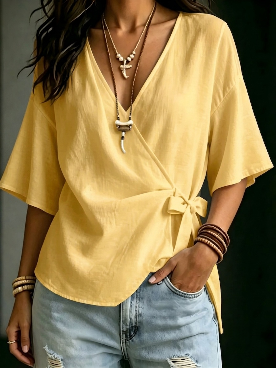 New Arrivals🔥Women's Casual Solid-color Loose V-neck Short-sleeve Tie-front Top