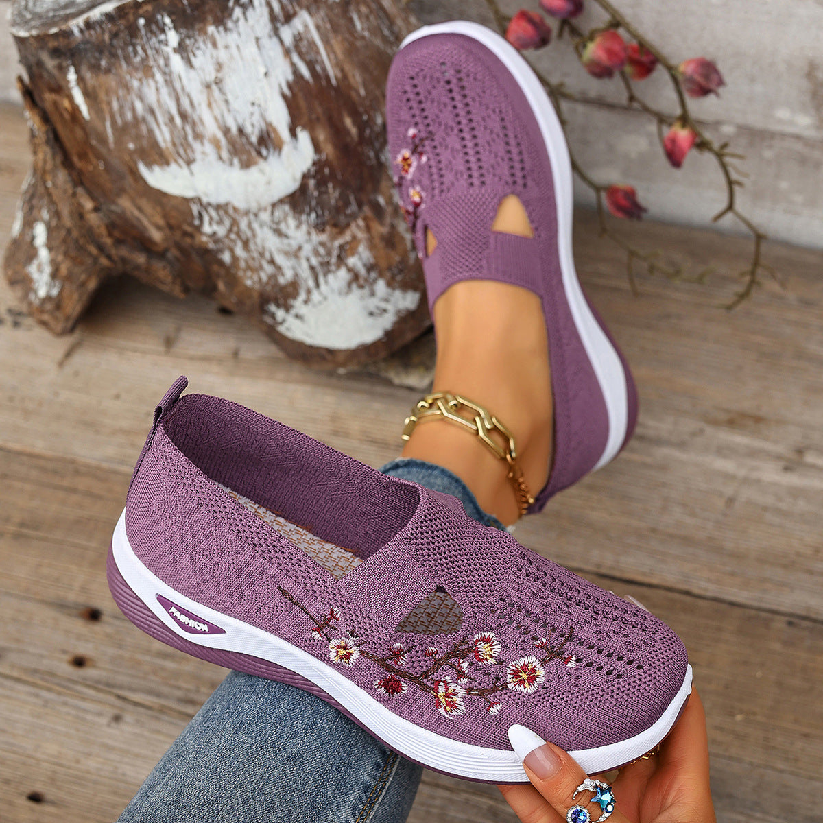 Women's Orthopedic Walking Shoes Woven Breathable Orthotic Slip on Sneakers Floral Embroidery Arch Support Casual Loafers