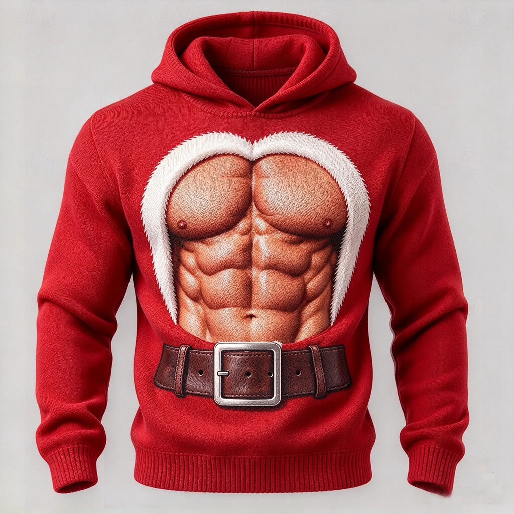 Men's 3d Muscular Santa Claus Christmas Print Hooded Sweater