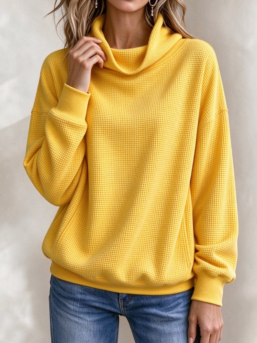Women’s Waffle Knit Cowl Neck Pullover Sweater – Casual Loose Long Sleeve Turtleneck Sweatshirt
