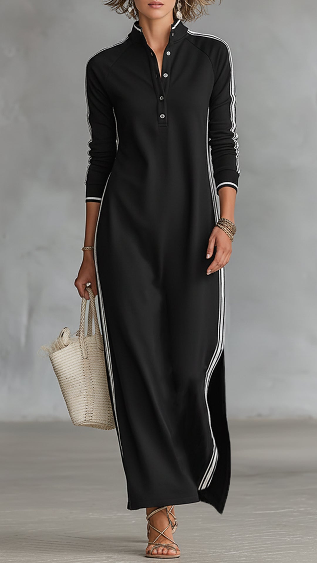 Women's Black and White Striped Sporty Stand-Collar Maxi Dress