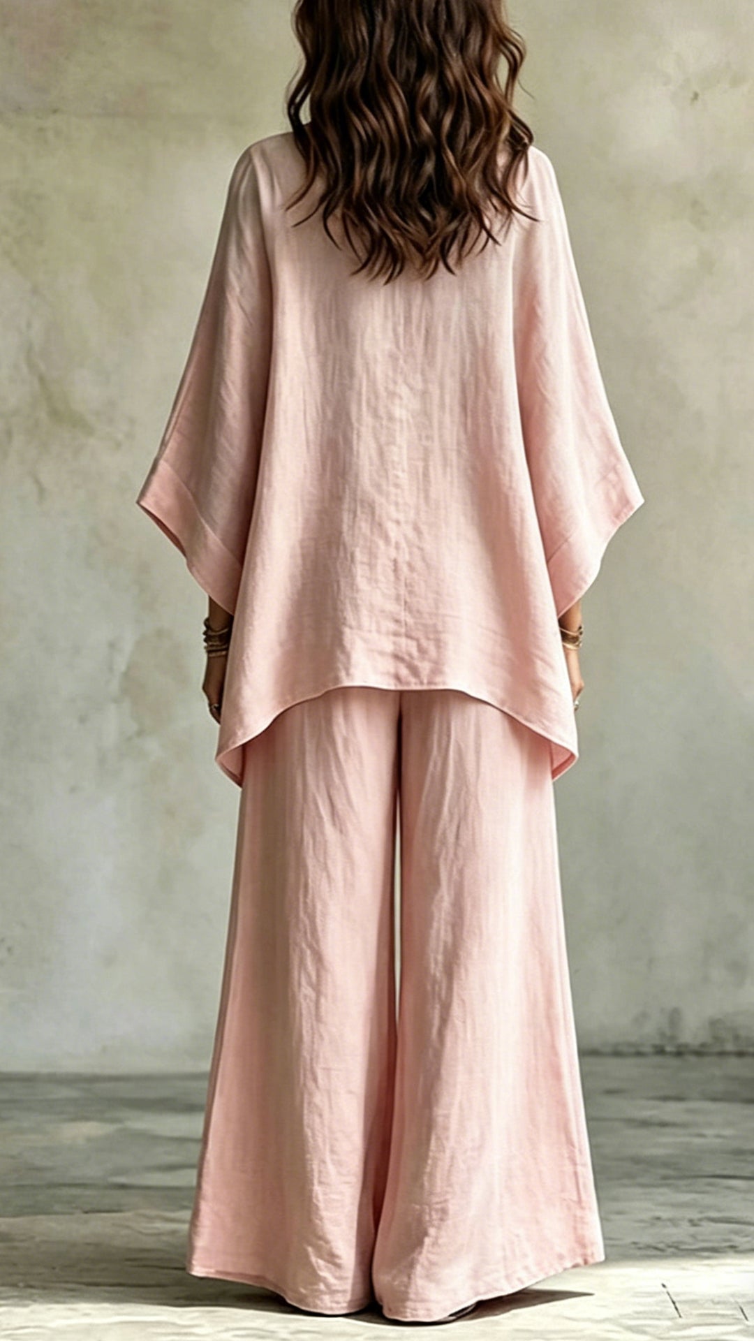 Women's Cotton-Blend Pink Embroidered Print V-Neck Wide-Leg Pants Set