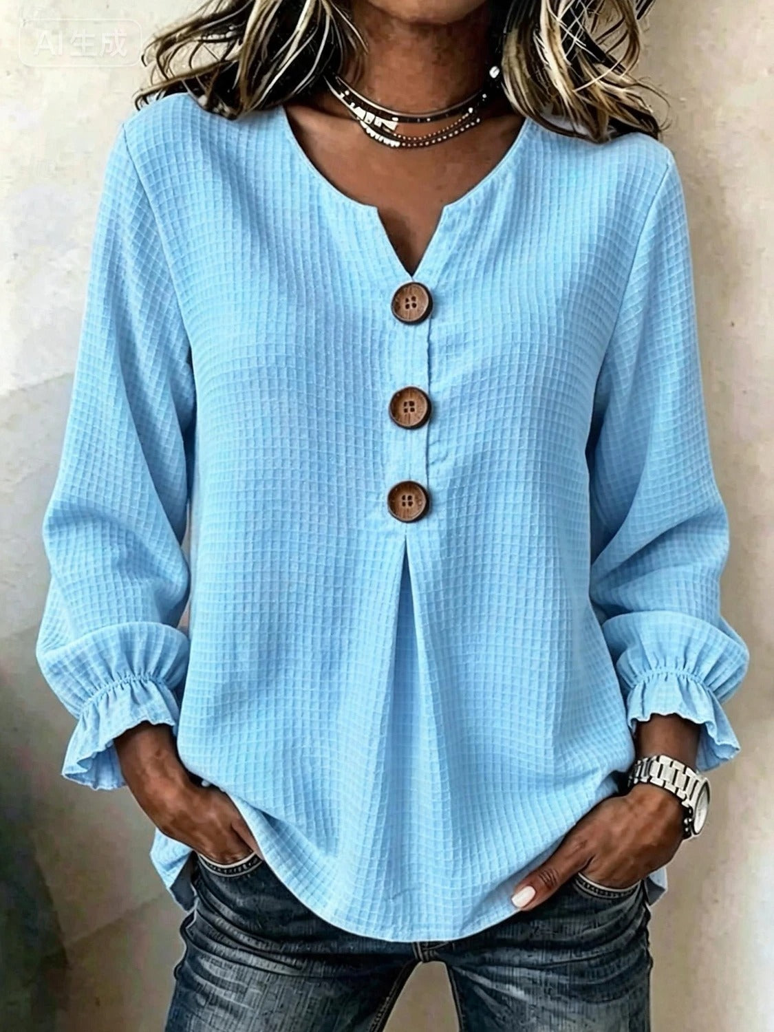 Women's Waffle Knit Button Blouse V-Neck Long Sleeve Ruffle Cuff Top