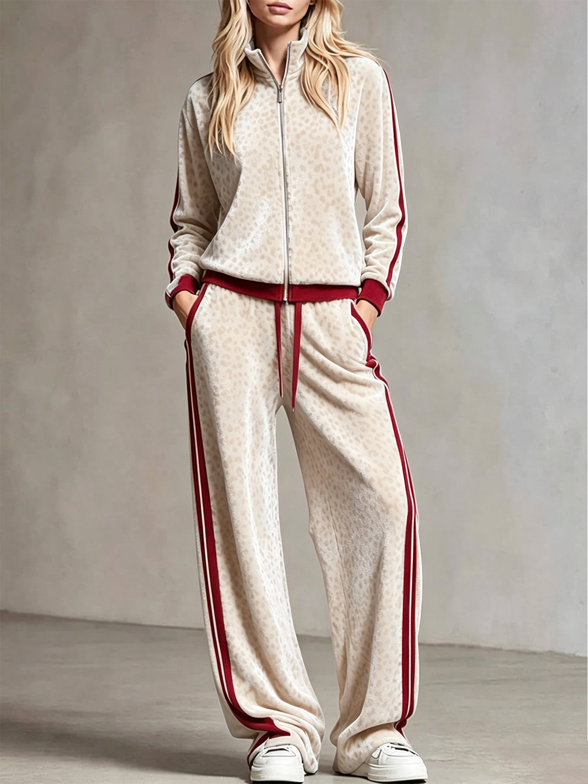 🐆 Women’s Leopard Print Velour Tracksuit Zip‑Up Jacket & Wide Leg Pants 2‑Piece Outfit