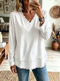 Women’s Fringe Trim V Neck Long Sleeve Top Casual Loose Fit Textured Blouse