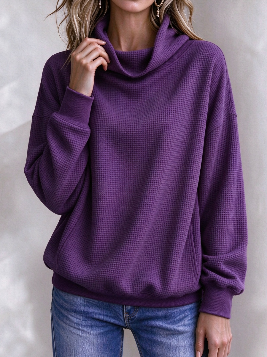 Women’s Waffle Knit Cowl Neck Pullover Sweater – Casual Loose Long Sleeve Turtleneck Sweatshirt