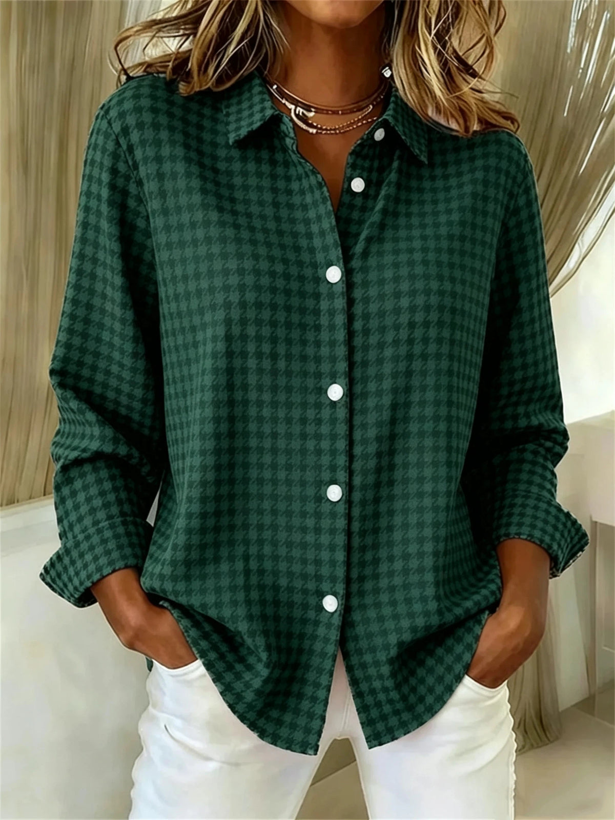 50% OFF - CLEARANCE SALE🔥Women's Long Sleeve Spring/Fall Houndstooth Buckle Shirt