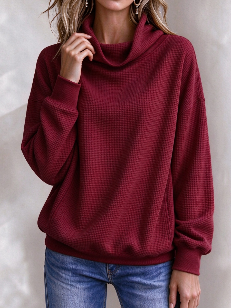Women’s Waffle Knit Cowl Neck Pullover Sweater – Casual Loose Long Sleeve Turtleneck Sweatshirt