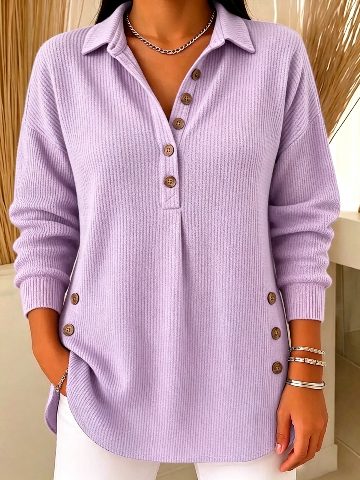 Women's Ribbed Knit Lapel Collar Tops - Casual V-Neck Button Down Shirts with Decorative Side Buttons(📦Buy 2 Free Shipping & 10% OFF)