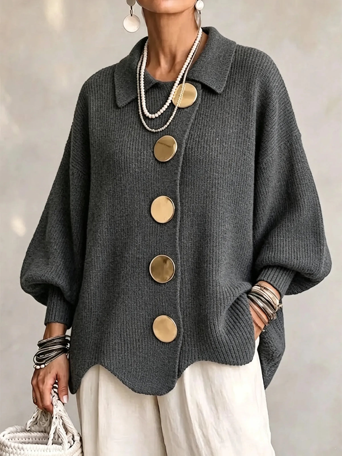 Oversized Collared Knit Cardigan With Large Metal Buttons