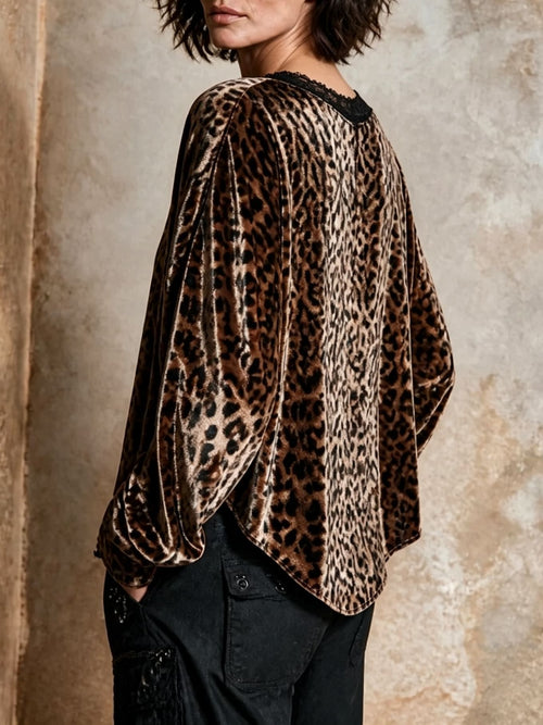 2026 Early Black Friday Sale | Women's Leopard Print Velvet Top with Lace V-Neck Trim, Effortless Chic Leopard Velvet Blouse