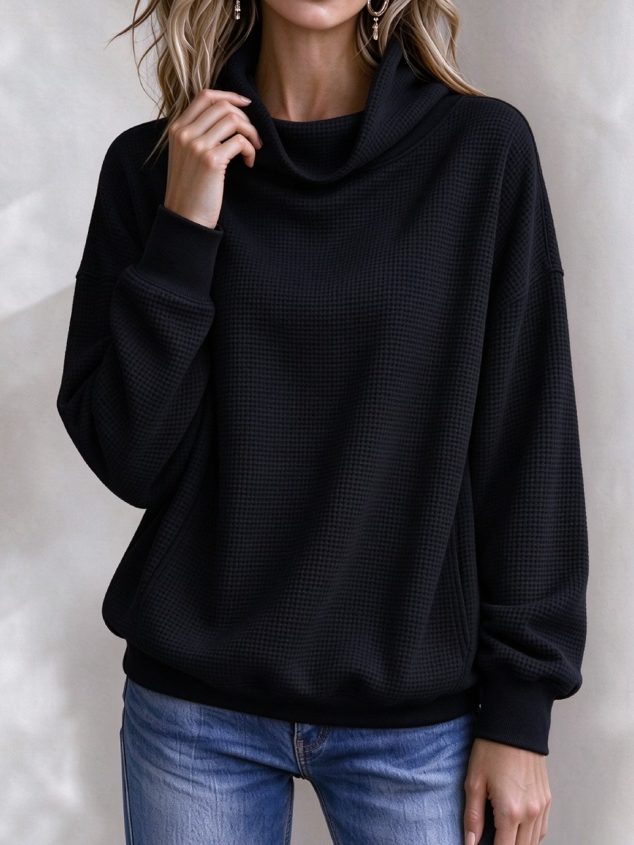 Women’s Waffle Knit Cowl Neck Pullover Sweater – Casual Loose Long Sleeve Turtleneck Sweatshirt