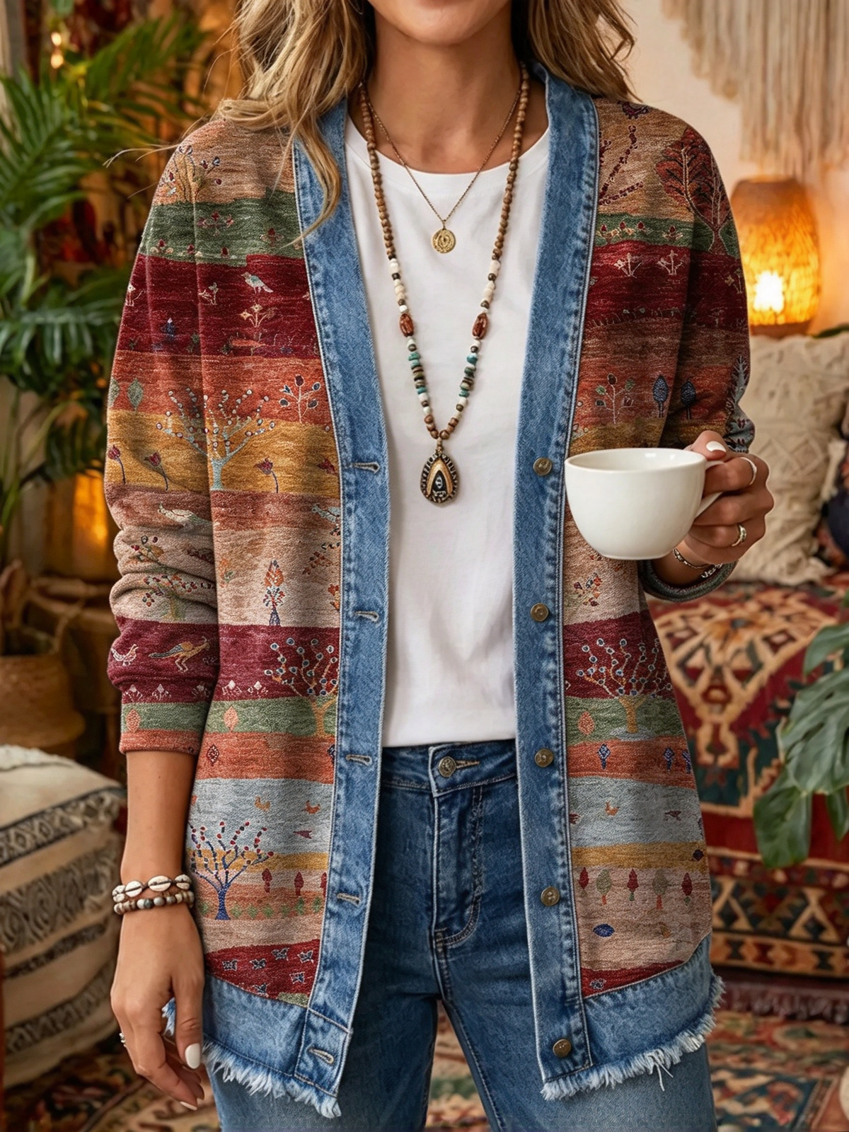2026 Early Black Friday Sale | Cozy Relaxed Fit Print Splicing Cardigan, Soft Warm Versatile Long Sleeve Outerwear