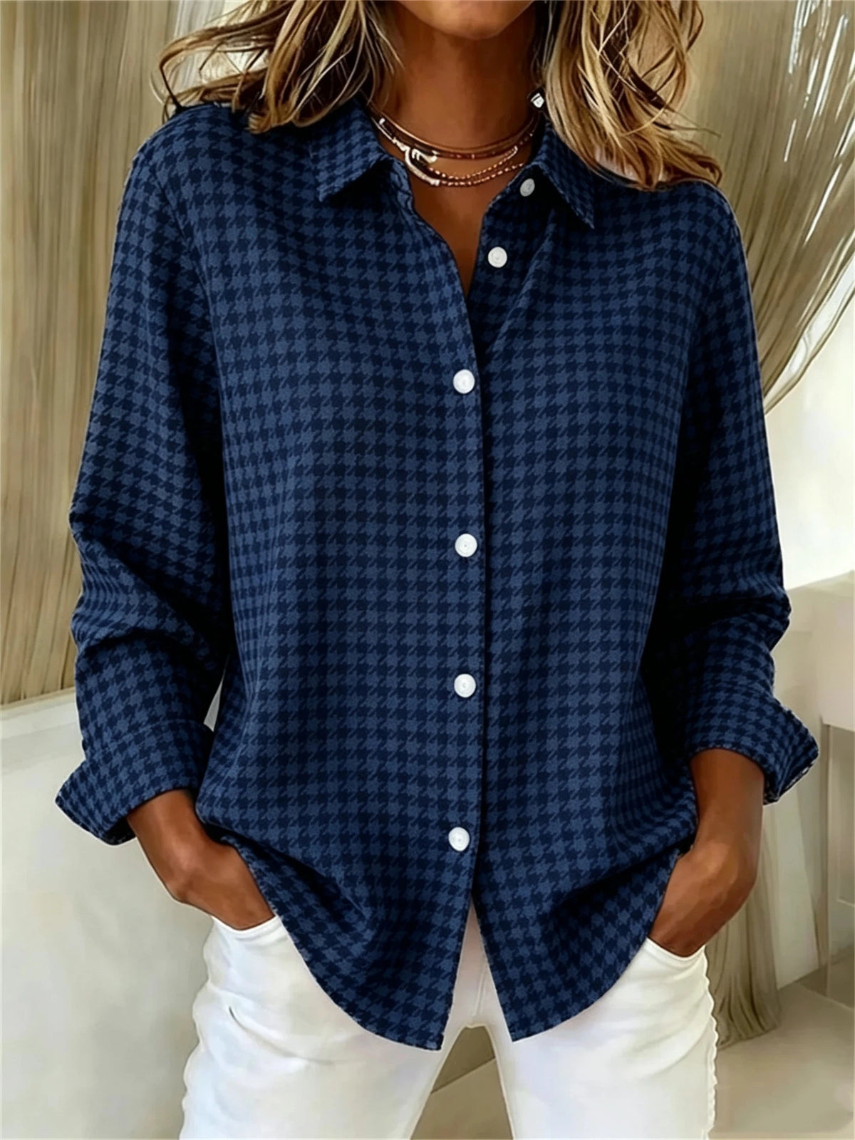 50% OFF - CLEARANCE SALE🔥Women's Long Sleeve Spring/Fall Houndstooth Buckle Shirt