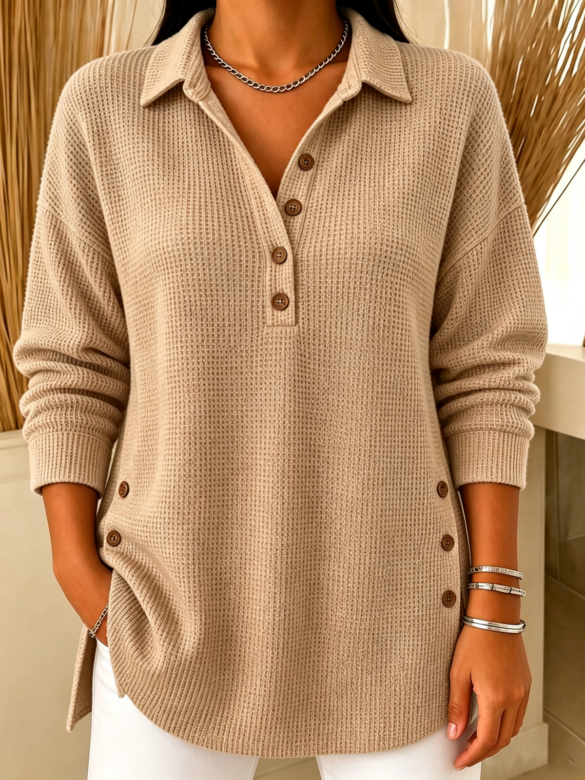 Chic Long Sleeve Waffle Knit Polo Sweater Casual Loose Henley Shirt(📦Buy 2 FREE SHIPPING & EXTRA 10% OFF)