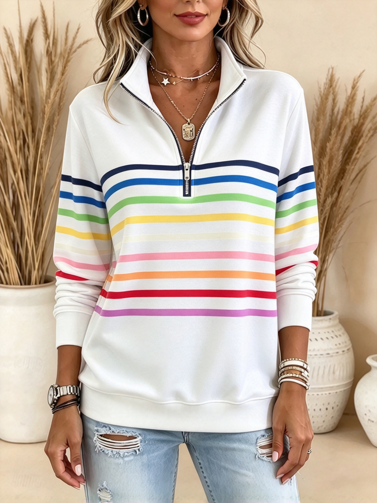 Women's Pullover Sweatshirt Patchwork Print Quarter Zip Plain Striped Elegant Warm Classic Long Sleeve Lapel Regular Tops