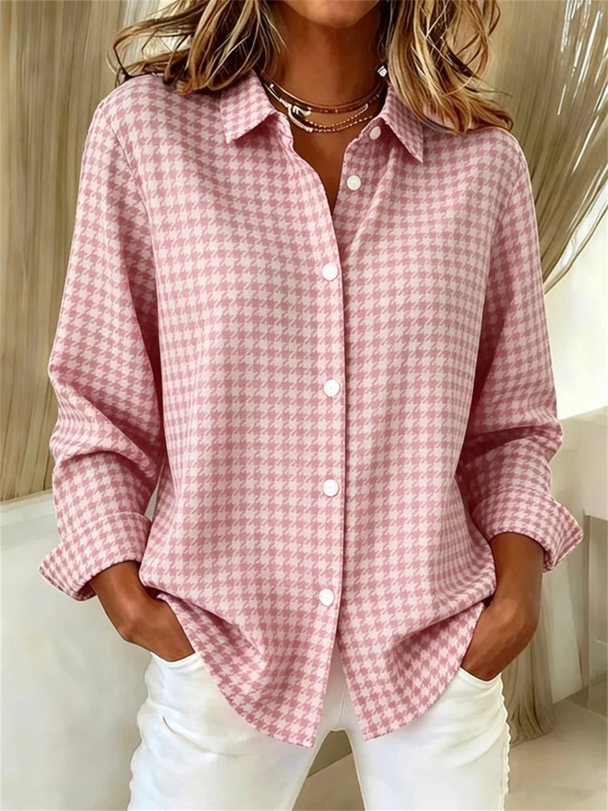 50% OFF - CLEARANCE SALE🔥Women's Long Sleeve Spring/Fall Houndstooth Buckle Shirt
