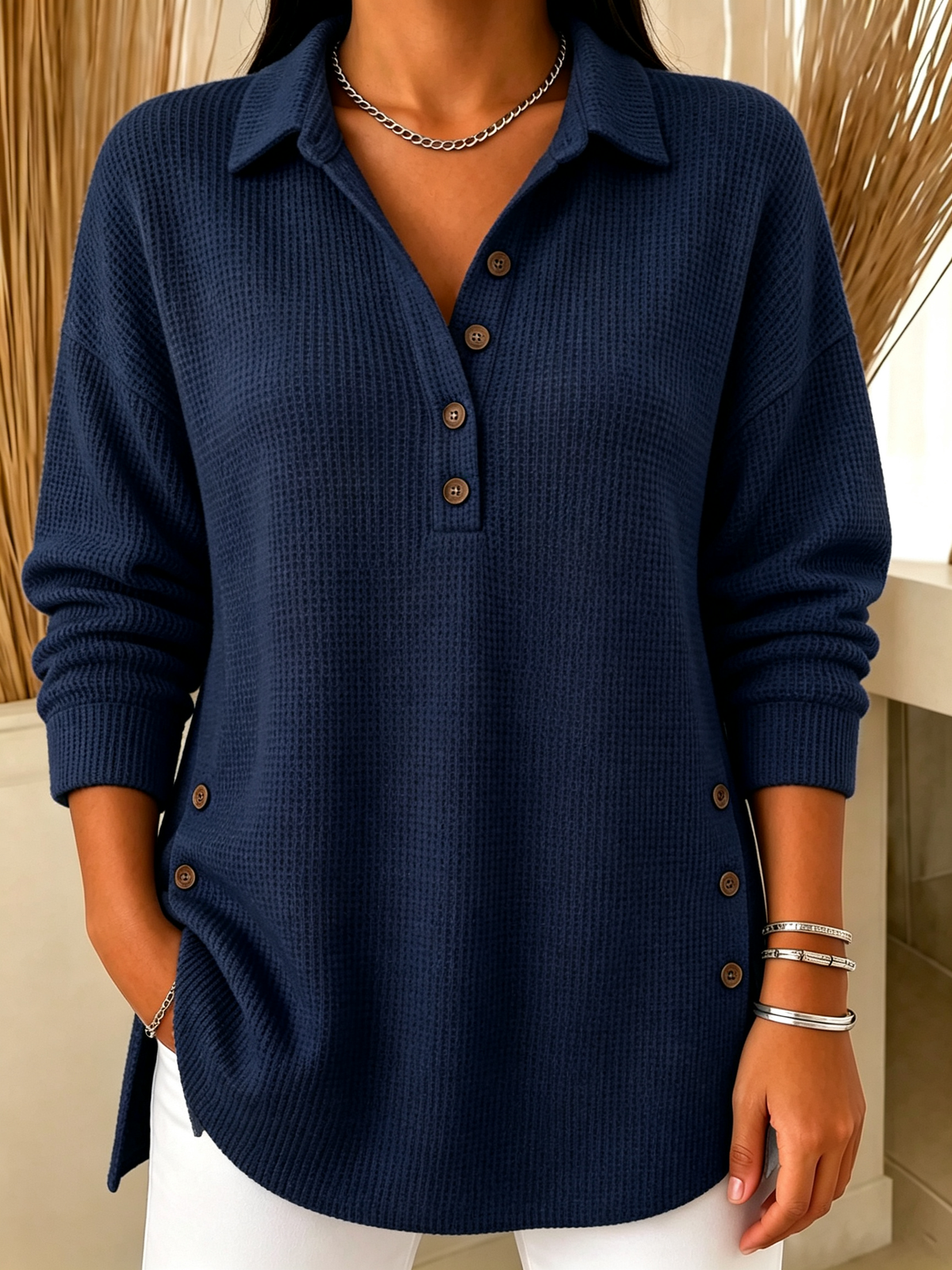 Chic Long Sleeve Waffle Knit Polo Sweater Casual Loose Henley Shirt(📦Buy 2 FREE SHIPPING & EXTRA 10% OFF)