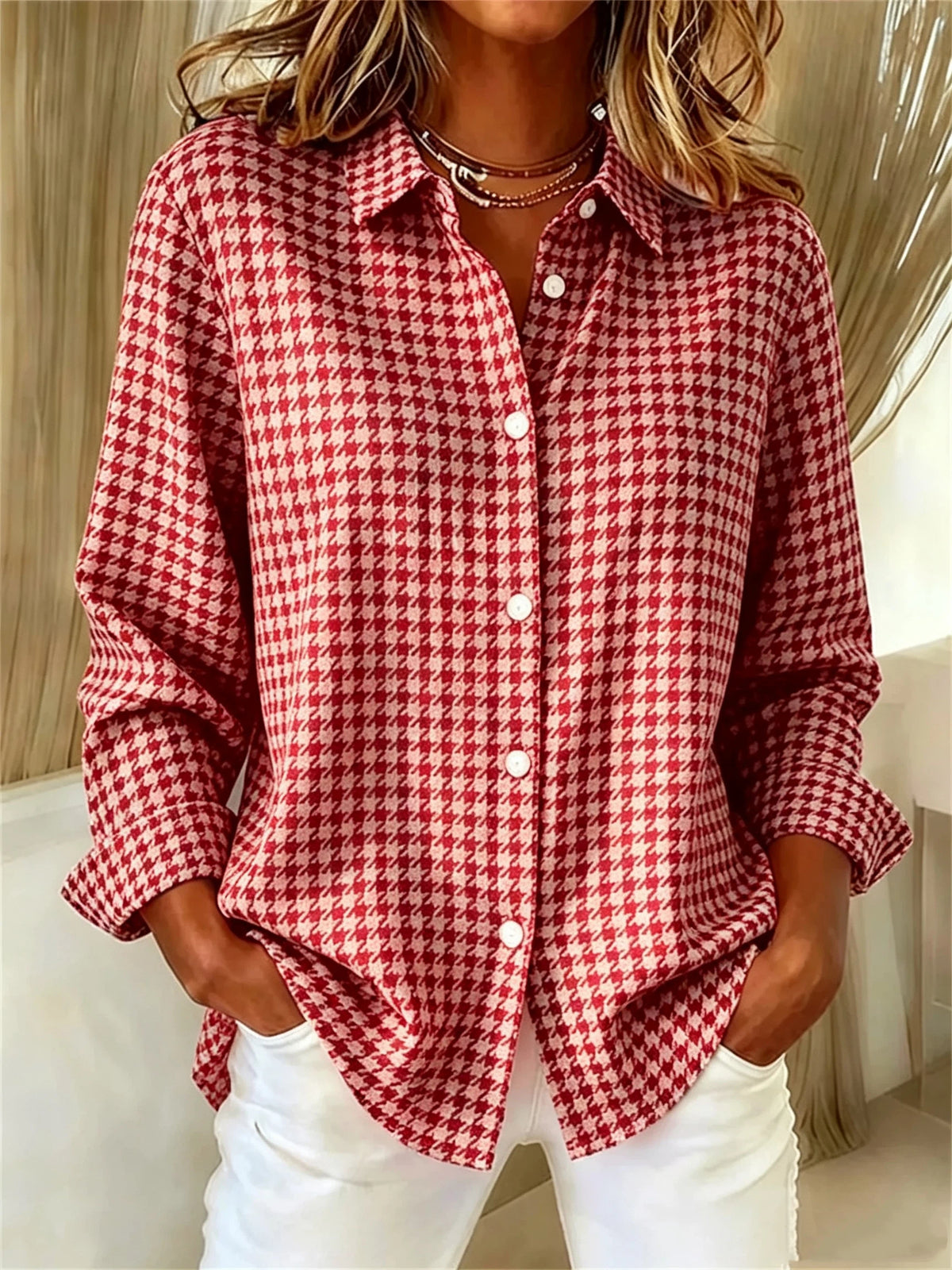 50% OFF - CLEARANCE SALE🔥Women's Long Sleeve Spring/Fall Houndstooth Buckle Shirt