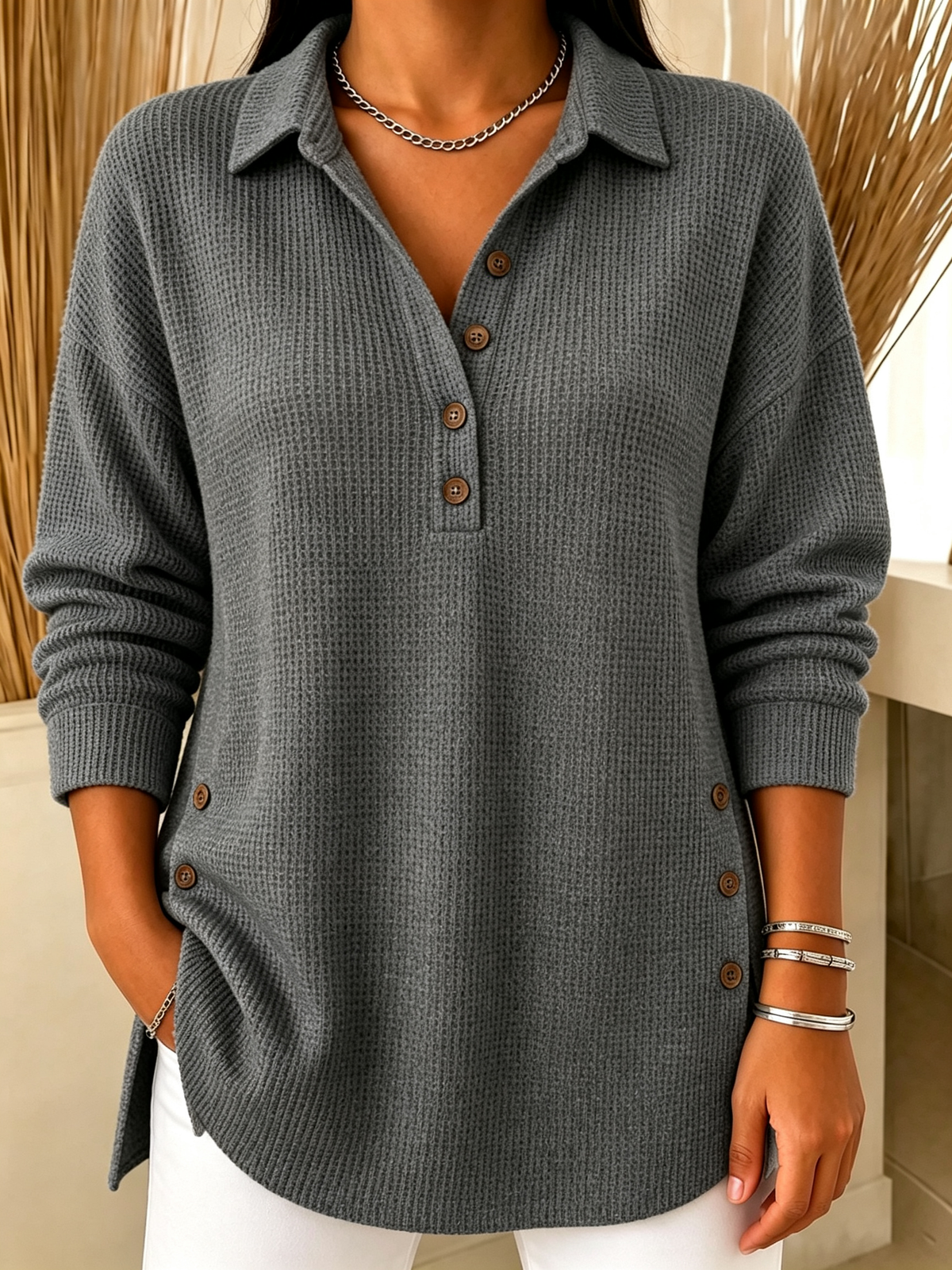 Chic Long Sleeve Waffle Knit Polo Sweater Casual Loose Henley Shirt(📦Buy 2 FREE SHIPPING & EXTRA 10% OFF)
