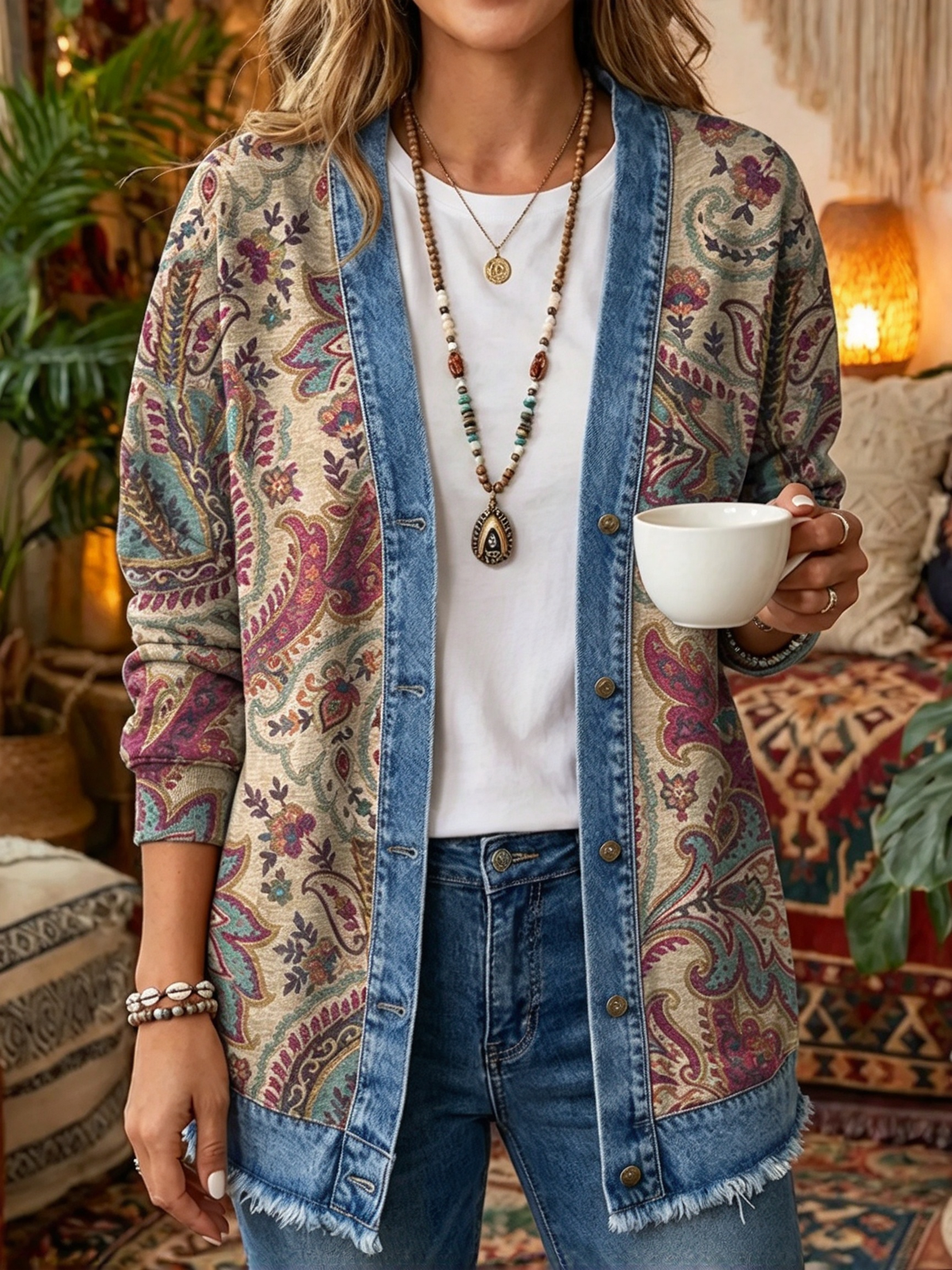 2026 Early Black Friday Sale | Cozy Relaxed Fit Print Splicing Cardigan, Soft Warm Versatile Long Sleeve Outerwear