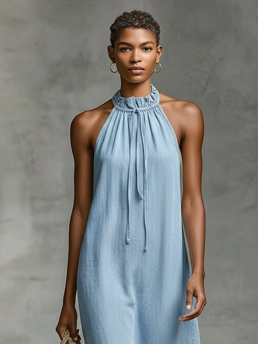 Women's Minimalist Loose-Fit Washed Denim Sleeveless Midi Dress