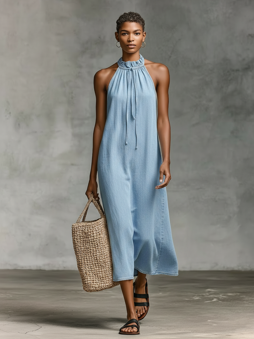 Women's Minimalist Loose-Fit Washed Denim Sleeveless Midi Dress