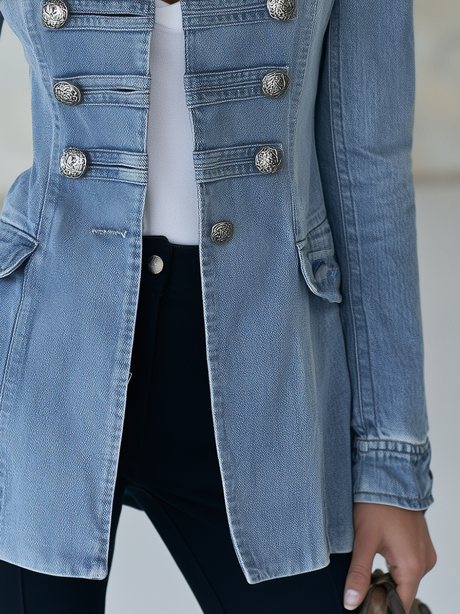 Vintage Military Style Stand Collar Double Breasted Denim Jacket丨FREE SHIPPING🛫