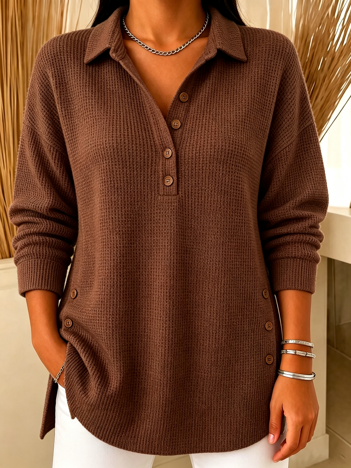 Chic Long Sleeve Waffle Knit Polo Sweater Casual Loose Henley Shirt(📦Buy 2 FREE SHIPPING & EXTRA 10% OFF)