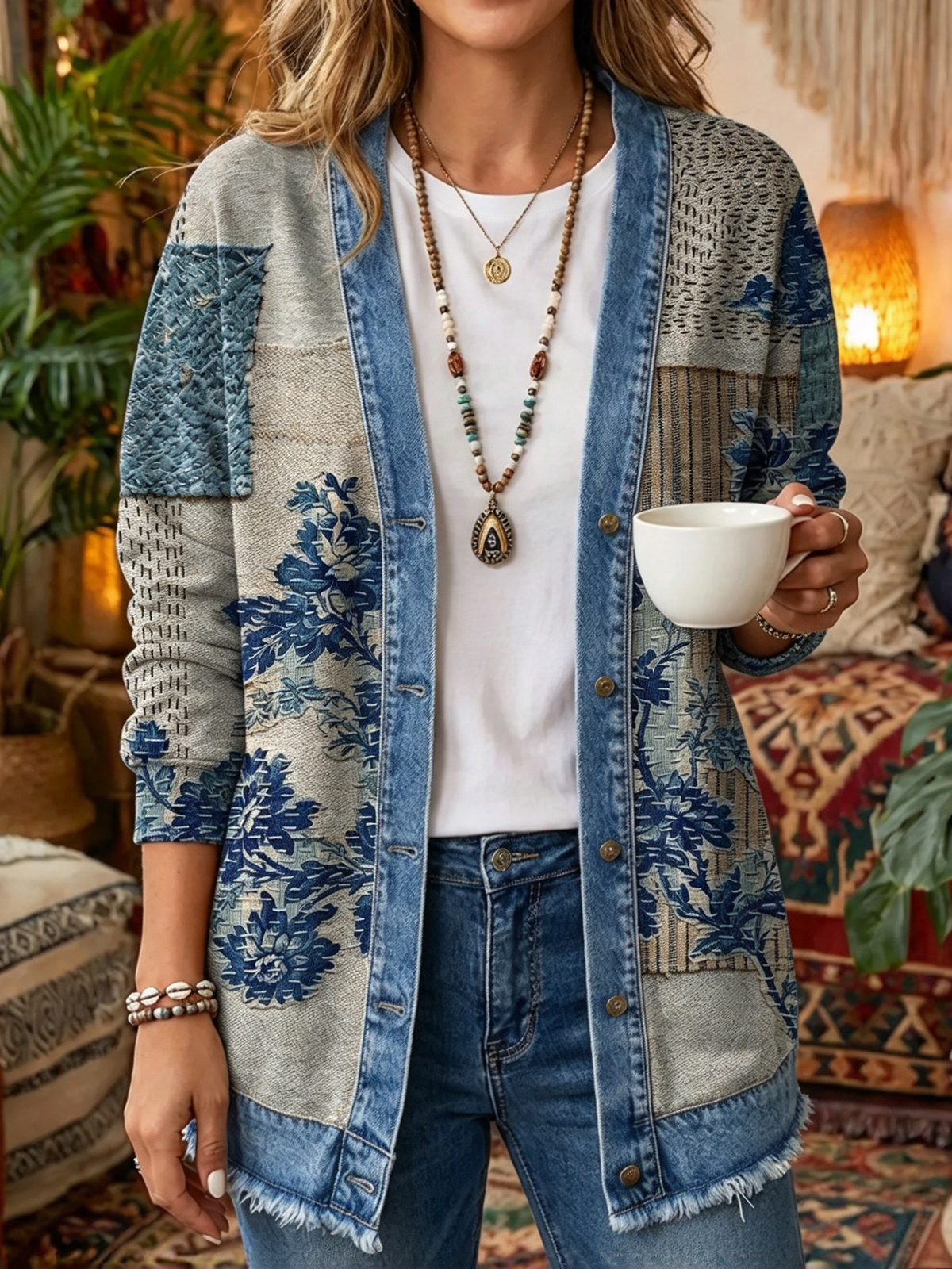 2026 Early Black Friday Sale | Cozy Relaxed Fit Print Splicing Cardigan, Soft Warm Versatile Long Sleeve Outerwear