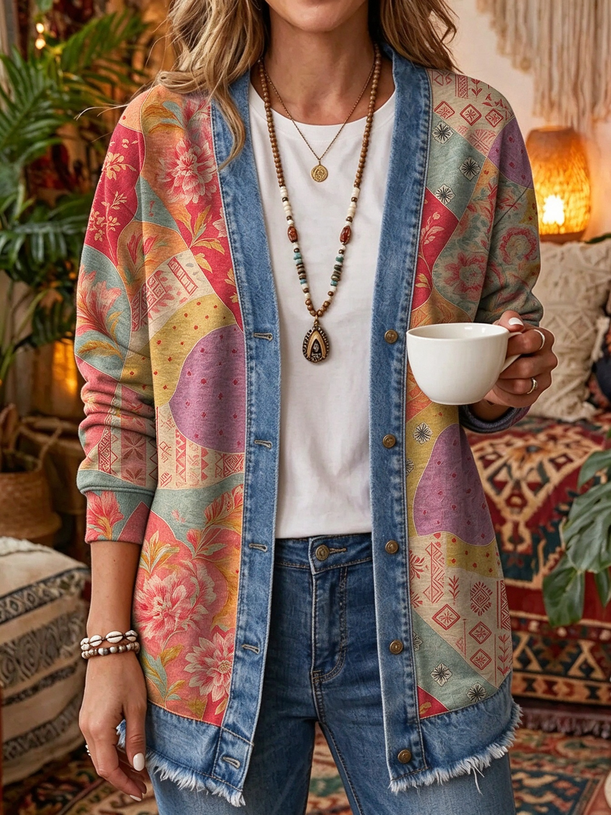 2026 Early Black Friday Sale | Cozy Relaxed Fit Print Splicing Cardigan, Soft Warm Versatile Long Sleeve Outerwear