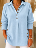 Women's Ribbed Knit Lapel Collar Tops - Casual V-Neck Button Down Shirts with Decorative Side Buttons(📦Buy 2 Free Shipping & 10% OFF)