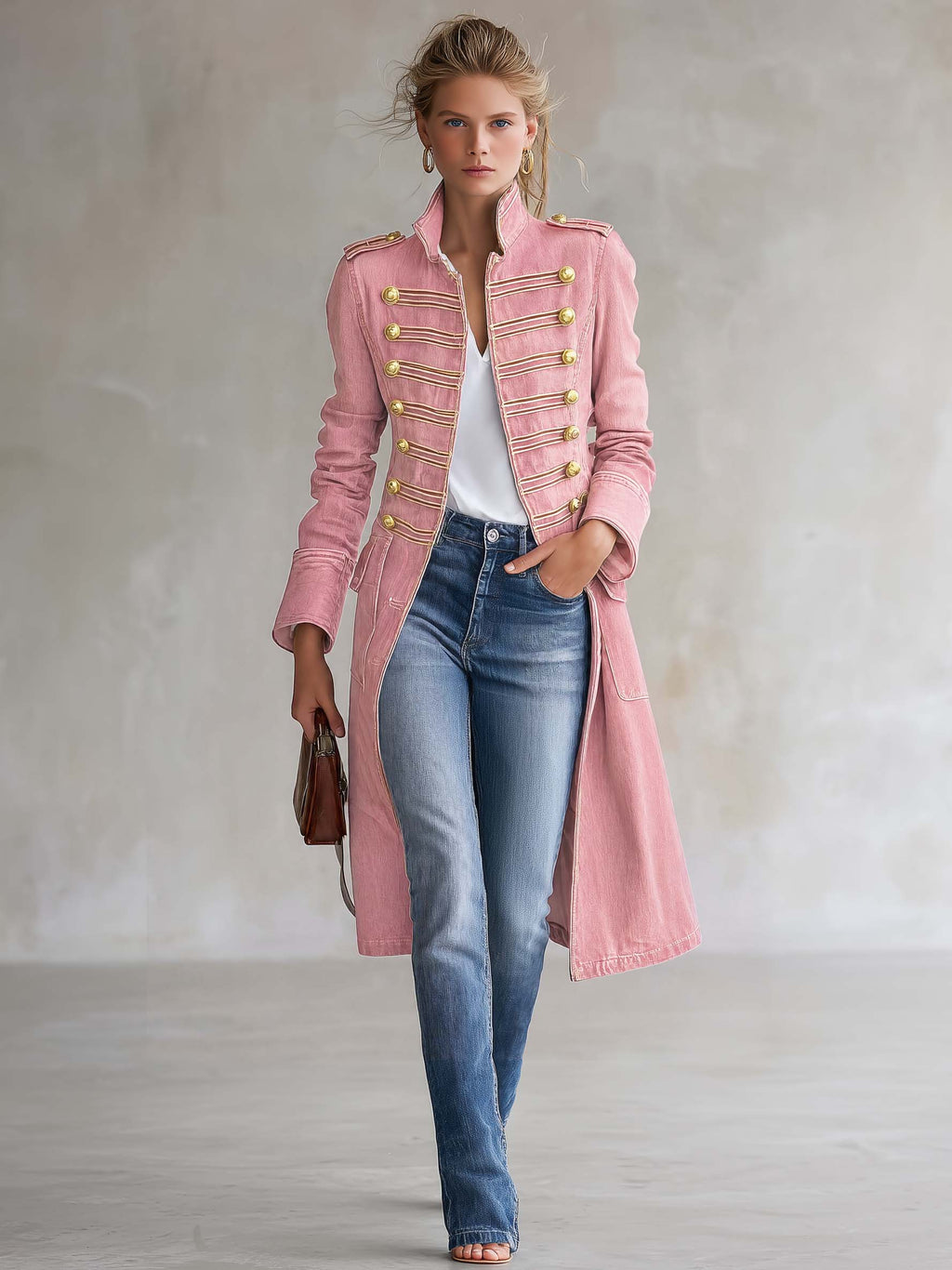Vintage Washed Denim Military Officer Longline Gold-Button Fitted Statement Coat Women