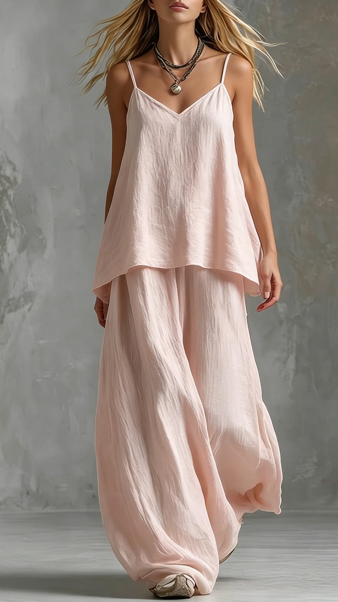 Women's Cotton-Blend Textured Cami and Wide-Leg Pants Set