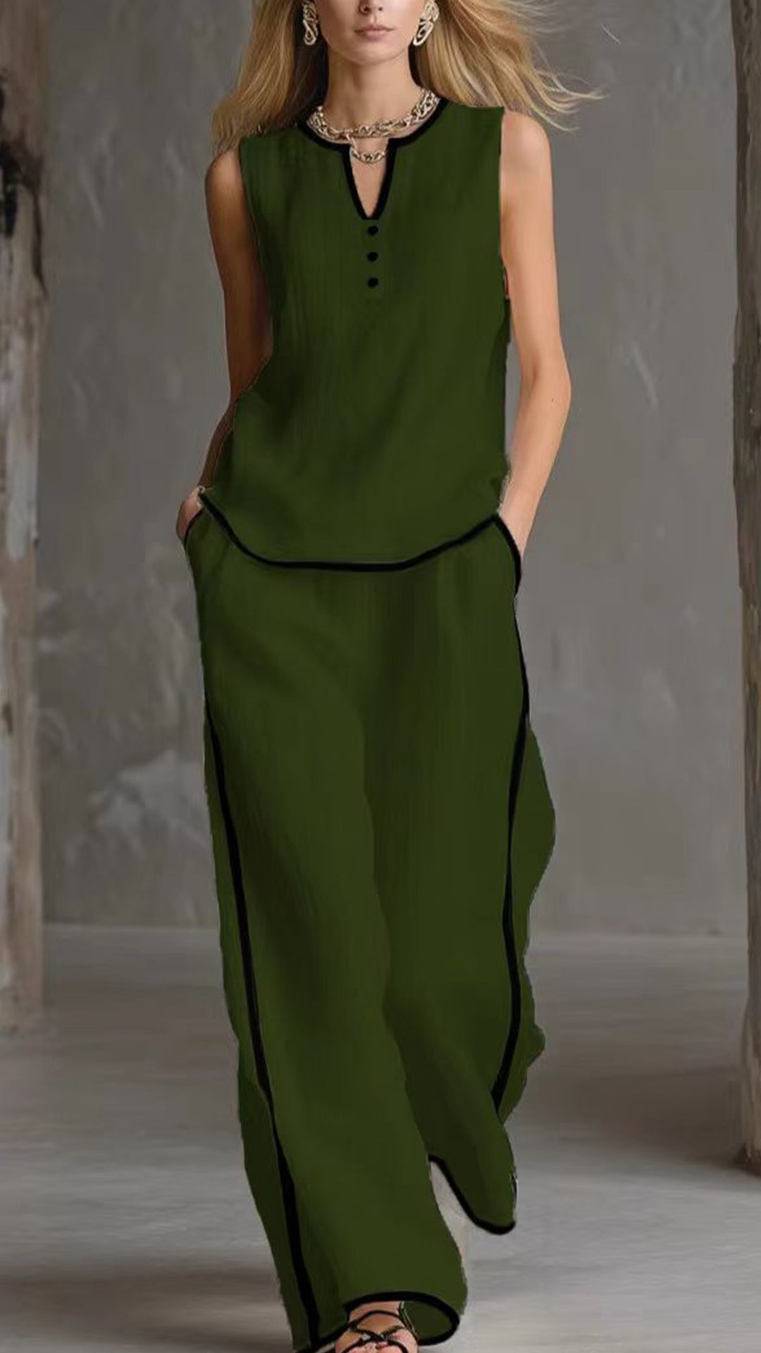 Women's Cotton-Blend Textured Sleeveless Top and Wide-Leg Pants Set