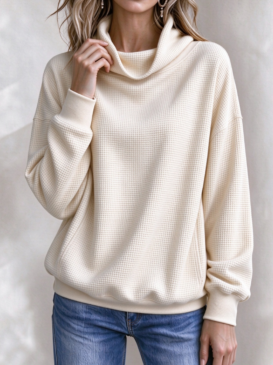Women’s Waffle Knit Cowl Neck Pullover Sweater – Casual Loose Long Sleeve Turtleneck Sweatshirt