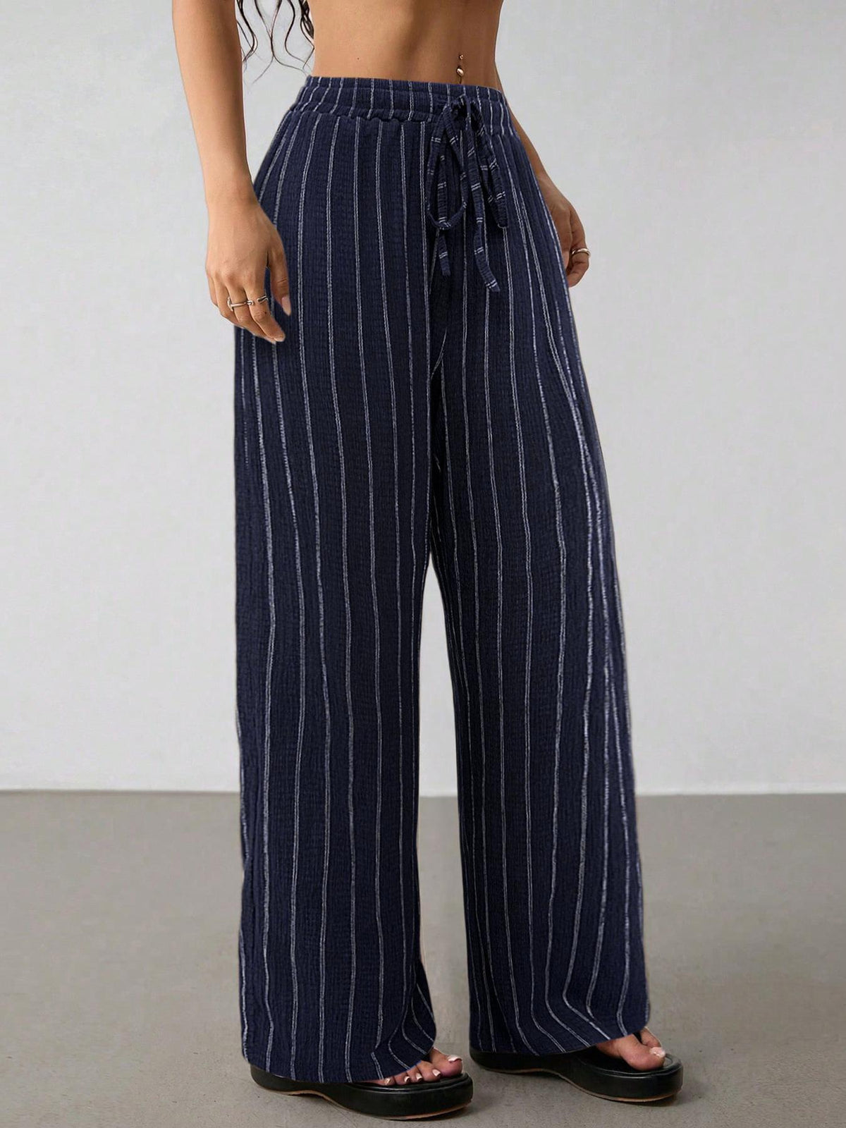 Buy 2 FREE SHIPPING & Extra 10% OFF✈ - Women’s Striped Wide Leg Pants High Waist Drawstring Casual Loose Trousers