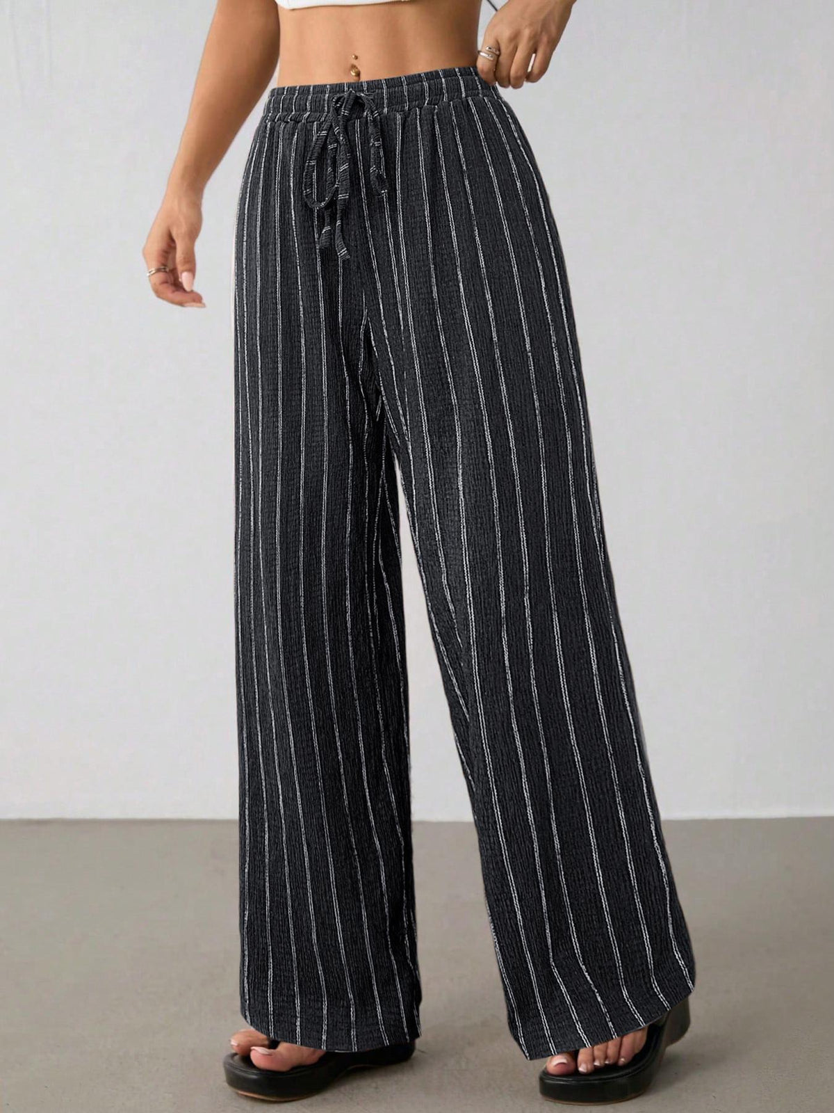 Buy 2 FREE SHIPPING & Extra 10% OFF✈ - Women’s Striped Wide Leg Pants High Waist Drawstring Casual Loose Trousers