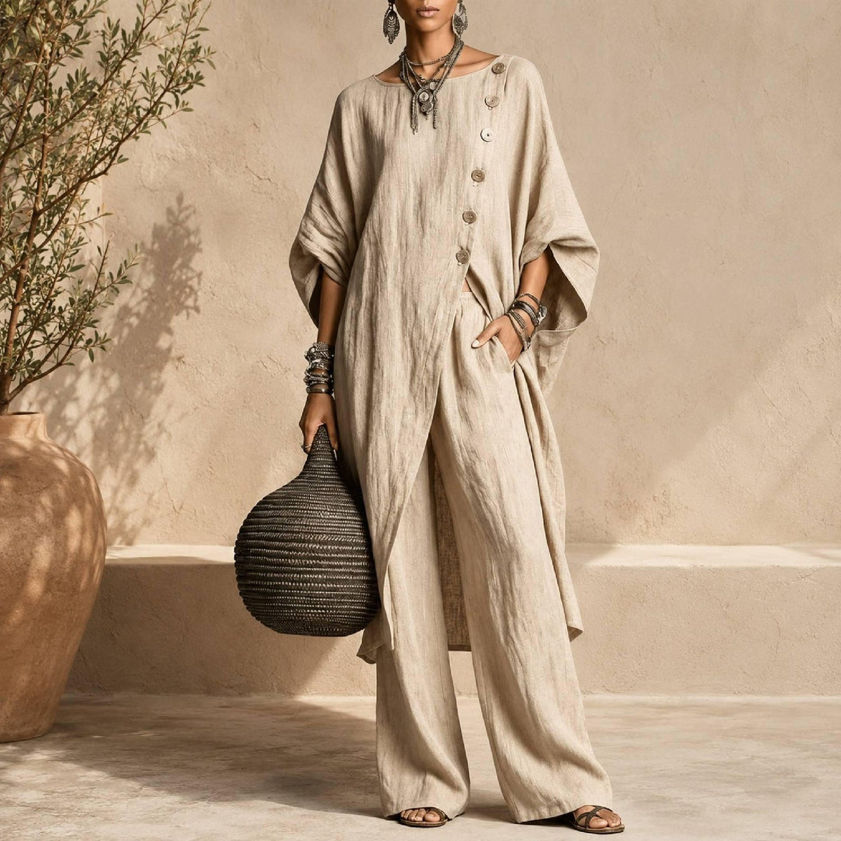 Linen Blend Asymmetrical Button Tunic & Wide Leg Pants Set