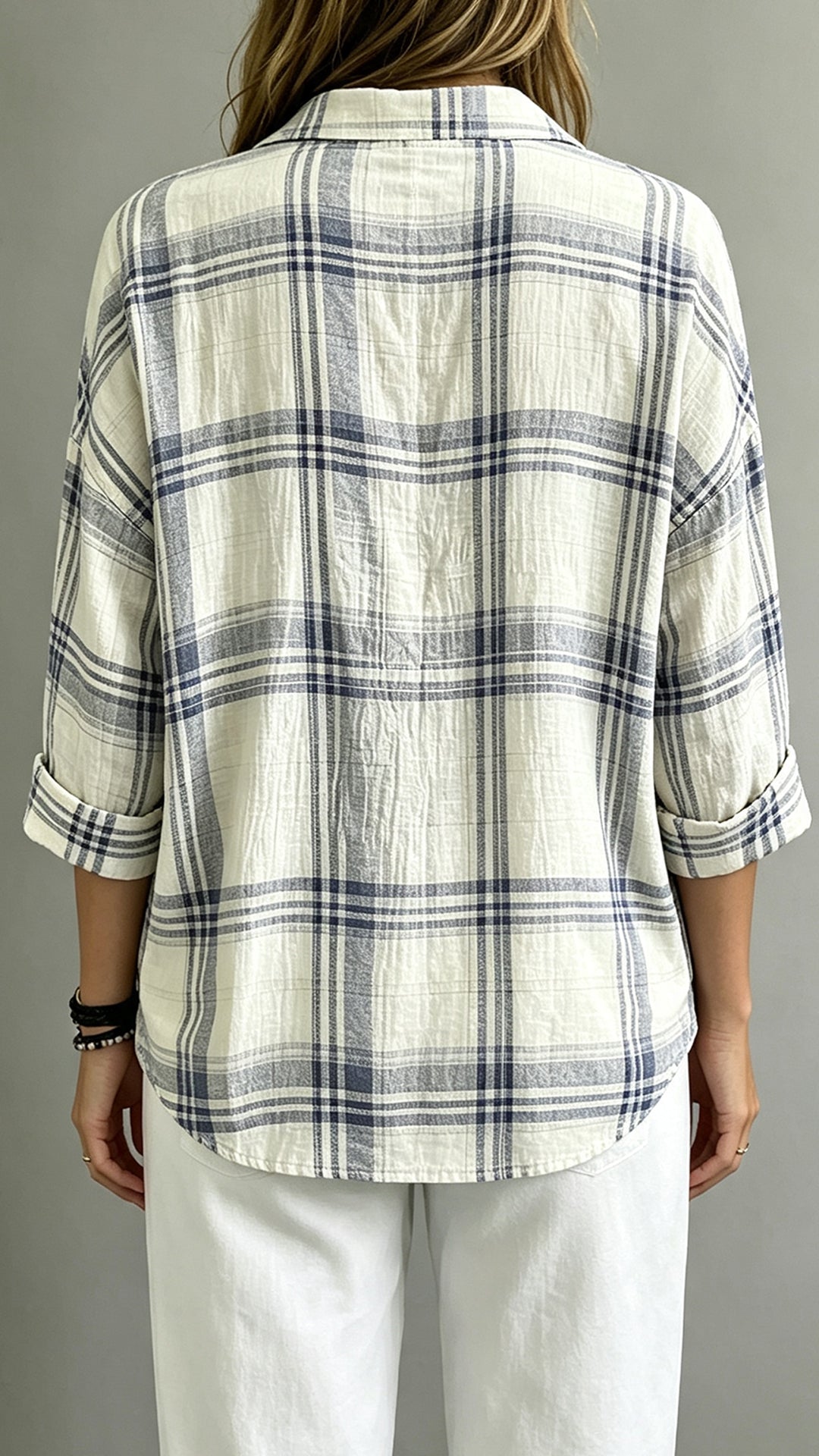 Women's Plaid Henley Polo Shirt Casual Oversized Drop Shoulder Long Sleeve Blouse