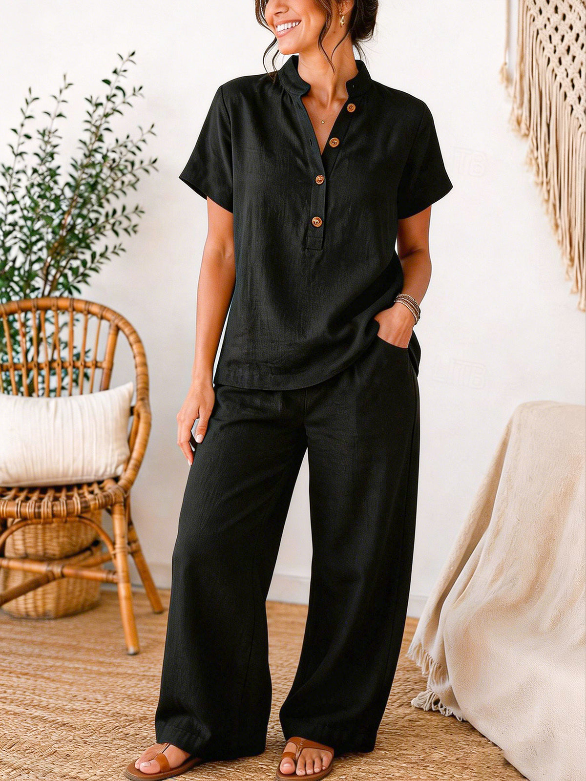 Women's Linen Blend Henley Short Sleeve Top & Wide Leg Pants 2-Piece Set