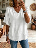 Women's Linen Blend V-Neck Fringe Trim Loose Fit Short Sleeve Top